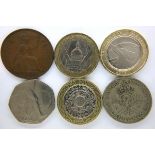Three collectors two pound coins, an Olympic fifty pence, a 1948 two shilling and a 1940 penny. P&