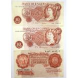 Three ten shilling notes of Elizabeth II, Fford (serial C80N 664311), O'Brien (serial X54Y 864717)
