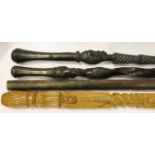 Three canes African walking sticks and a spear. Not available for in-house P&P, contact Paul O'Hea