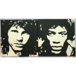 Two canvases of Jim Morrison and Jimi Hendrix, 30 x 30 cm. P&P Group 2 (£18+VAT for the first lot