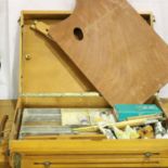 Artists box and easel with contents and carry handle by Paillard Paris and small artists paint