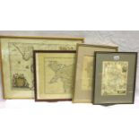 Four antiquarian hand coloured maps of Bedfordshire, Staffordshire, North Wales and Lancashire,