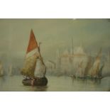 H Salari (late 19th/early 20th century); watercolour, fishing boats with Cathedral Basilica of St