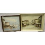 Two 20th century continental impasto oils on canvas of a harbour scene and a market, largest: 70 x