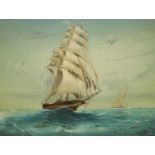 20th century oil on canvas seascape with two masted ships, indistinctly signed, 90 x 60 cm,
