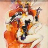 Vanni Saltarelli (b. 1945); oil on board, abstract seated nude, Sul Sofa Rosso, 23 x 29 cm,