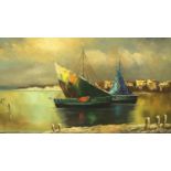 20th century oil on canvas, fishing boats at sunset, indistinctly signed lower left of the image, 98
