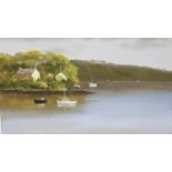 Don Austen (Cornwall, 20th century); oil on canvas, lakeside cottages with boats on calm water, 75 x