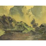 John W Storey (Canadian, 20th century); oil on board, mountainous Canadian landscape, 75 x 62 cm.