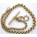 9ct gold graduated Albert watch chain of belcher form, with T bar and clip, with a gold plated clasp