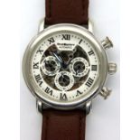 Stratosphere; gents automatic skeleton wristwatch with white face, three subdials, on brown