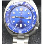 Akio; gents automatic divers wristwatch with blue face, on stainless steel strap, boxed, working