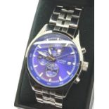 Sekonda; gents chronograph wristwatch with blue face, on stainless steel strap, boxed, working at