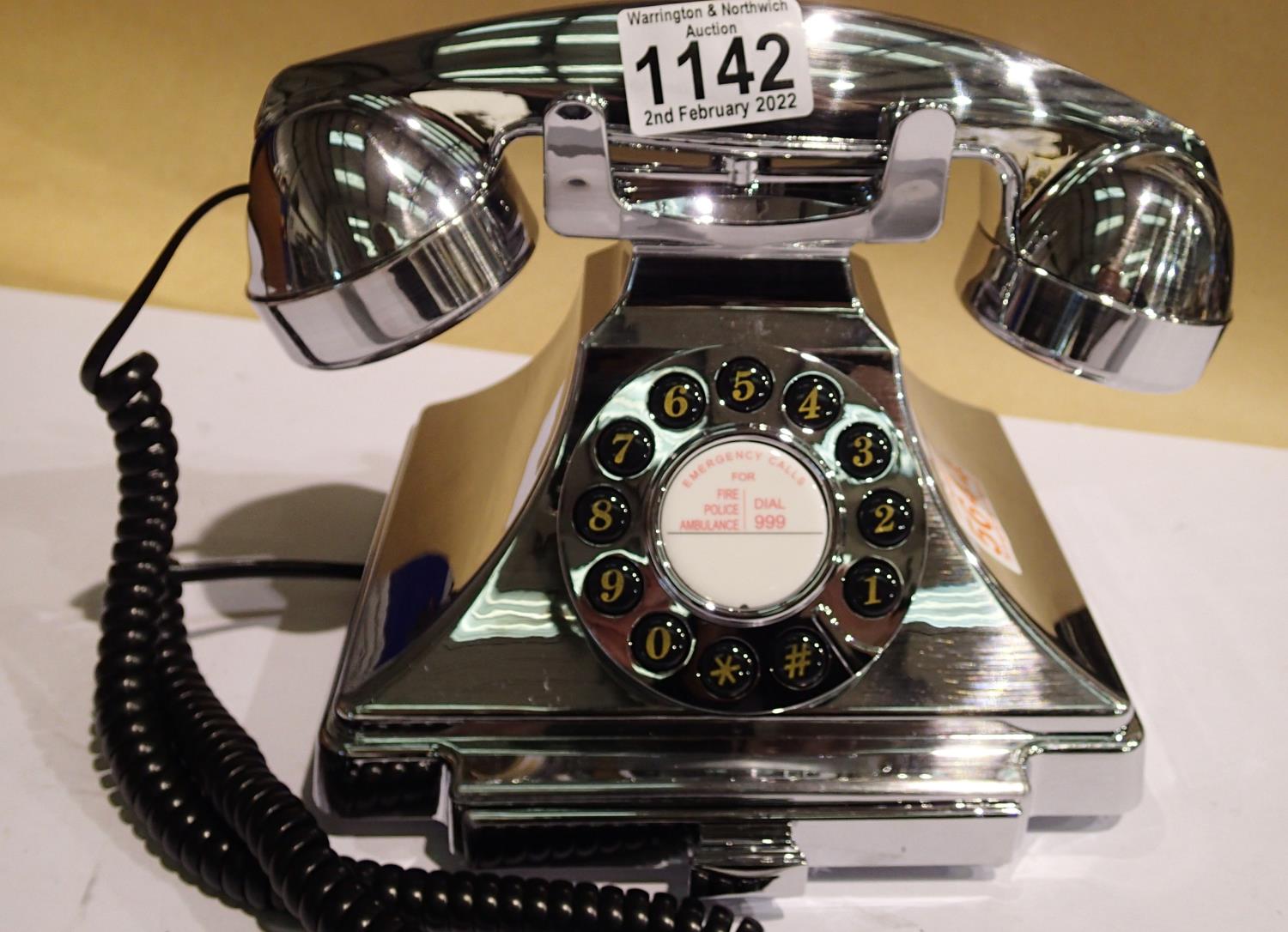 Silver GPO Carrington push button telephone in 1920s styling with pull-out pad tray; compatible with