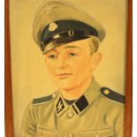 WWII Period German Waffen SS signed painting of a soldier in uniform wearing his peaked cap with a