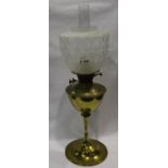 Brass oil lamp with etched glass shade and funnel, H: 62 cm. Not available for in-house P&P, contact
