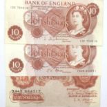 Three ten shilling notes of Elizabeth II, Fford (serial C80N 664311), O'Brien (serial X54Y 864717)