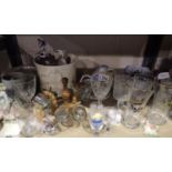 Shelf of mixed ceramic and glass to include three motorcar glasses. Not available for in-house P&