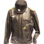 A Post WWII Luftwaffe arrangement comprising a badged leather bomber jacket (size M), with