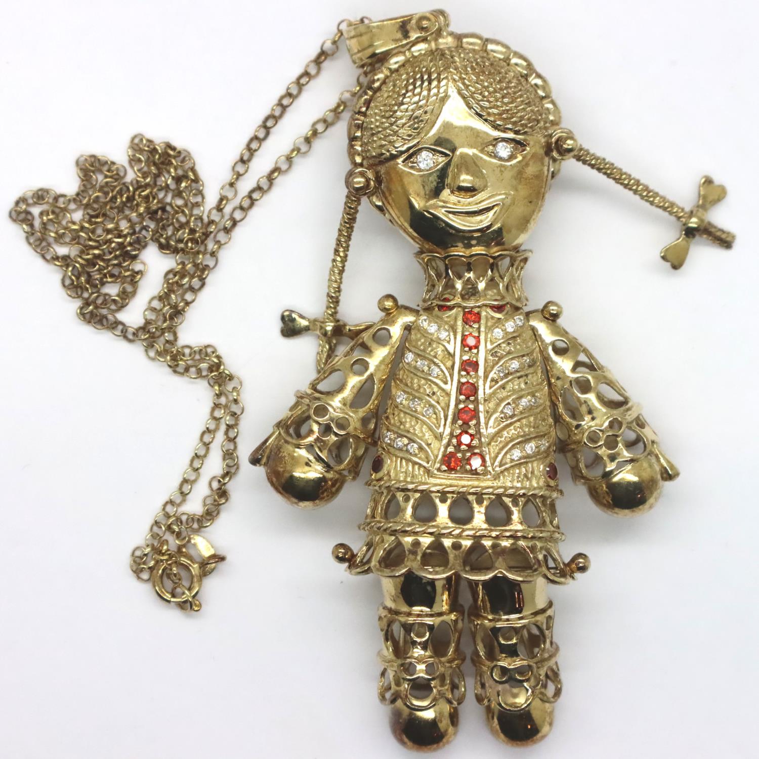 925 silver gold wash doll pendant and neck chain, pendant L: 80 mm, chain L: 44 cm, combined 36g.