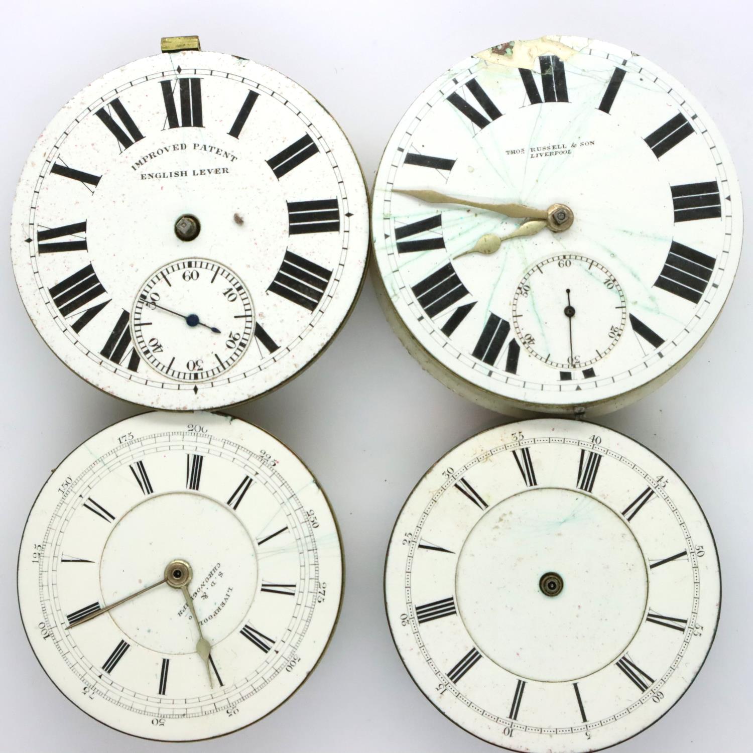 Stewart Dawson & Co Liverpool pocket watch dial and movement, a Thomas Russell & Son movement and