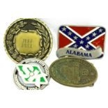 Three American belt buckles and a Jeep Pull medal. P&P Group 1 (£14+VAT for the first lot and £1+VAT