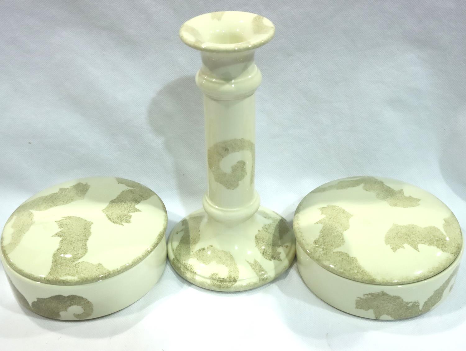 Poole pair of cupboard pots and candlestick in the Vermont pattern (3), no cracks, chips or