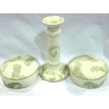 Poole pair of cupboard pots and candlestick in the Vermont pattern (3), no cracks, chips or