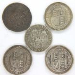 Five silver shillings of Queen Victoria, dates 1838-1899, mixed grades. P&P Group 1 (£14+VAT for the