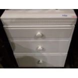 White three drawer bedside table, 50 x 50 x 70 cm H. Not available for in-house P&P, contact Paul