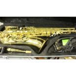 Tenor saxophone by Gear4Music in gold, with two spare straps, in hard case. Not available for in-