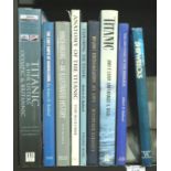 Shelf of books including Titanic, Shipwrecks, Hindenburg etc. Not available for in-house P&P,