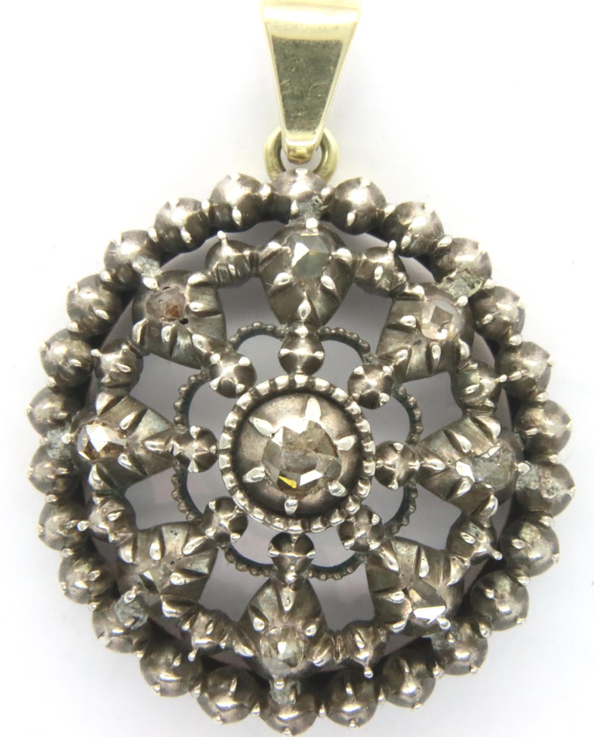 19th century white gold and rose cut diamond pendant, D: 30 mm, L: 38 mm, 10.3g. P&P Group 1 (£14+