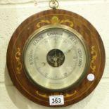Edwardian circular inlaid walnut aneroid barometer, D: 27 cm. P&P Group 3 (£25+VAT for the first lot