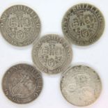 Five veiled head silver shillings of Queen Victoria, dates 1896-1899, mixed grades. P&P Group 1 (£