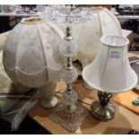 Collection of mixed lamps, some with shades and a glass ashtray on stand. Not available for in-house