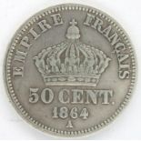 1864 French silver fifty centimes of Napoleon III, Paris mint EF grade. P&P Group 1 (£14+VAT for the