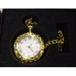 Gorben; gents open face pocket watch and chain, roman numerals to white face, gold body and chain,