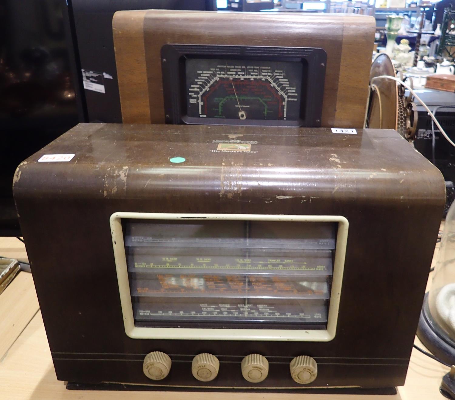 Vintage His Masters Voice valve radio, requires attention and a Cossor valve radio. Not available