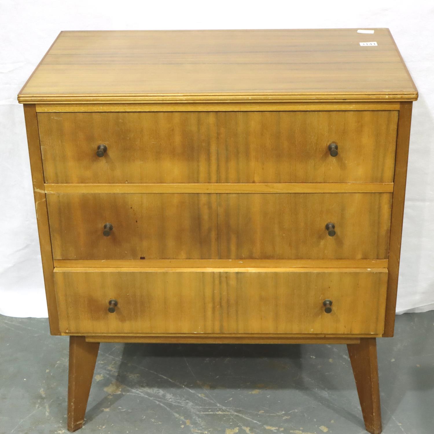 Teak chest of three drawers with splayed supports by Morris Furniture in the Cumbrae design, 80 x 46