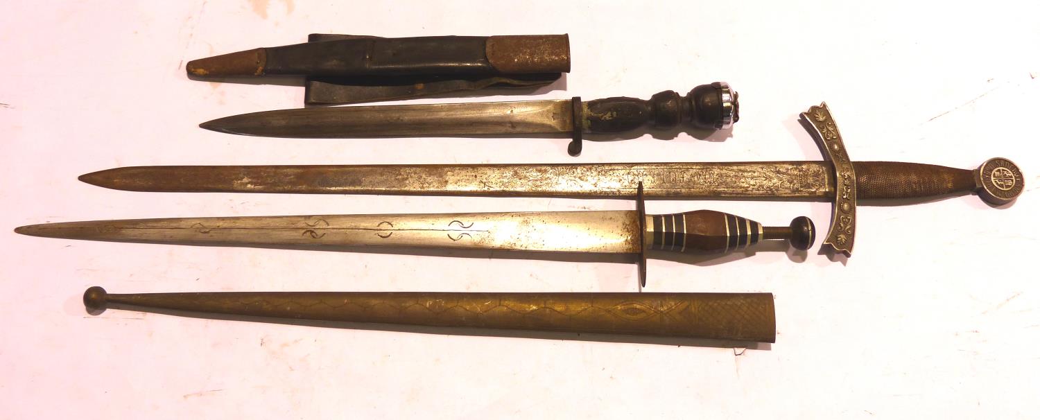 Enfield WWI bayonet with later replaced grip, with two decorative swords. P&P Group 3 (£25+VAT for