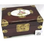 Wooden Oriental box with ceramic plaque, L: 22 cm. P&P Group 3 (£25+VAT for the first lot and £5+VAT