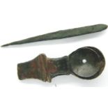 Roman bronze strainer spoon and apothecary needle. P&P Group 1 (£14+VAT for the first lot and £1+VAT