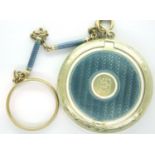 Tiffany & Co 1930s 14ct gold and enamel compact and chain, chain L: 11 cm, combined 17.5g. P&P Group