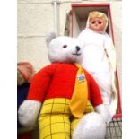 Large soft plastic doll with sleep eyes, 60 cm high and Rupert the Bear by Tebro Toys. P&P Group