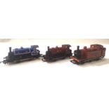 Three Hornby OO scale locomotives, saddle tank C.R Blue, saddle tank M.R Red and Jinty midland red