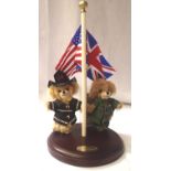 Merrythought Cheeky bears, Shoulder to Shoulder, two bear set on wooden base with flags, limited