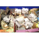 Quantity of model railway buildings, all built, ex layout, card and plastic, trees, fencing