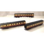Three Hornby blood/custard coaches, one brake end and two composite. All very good condition and
