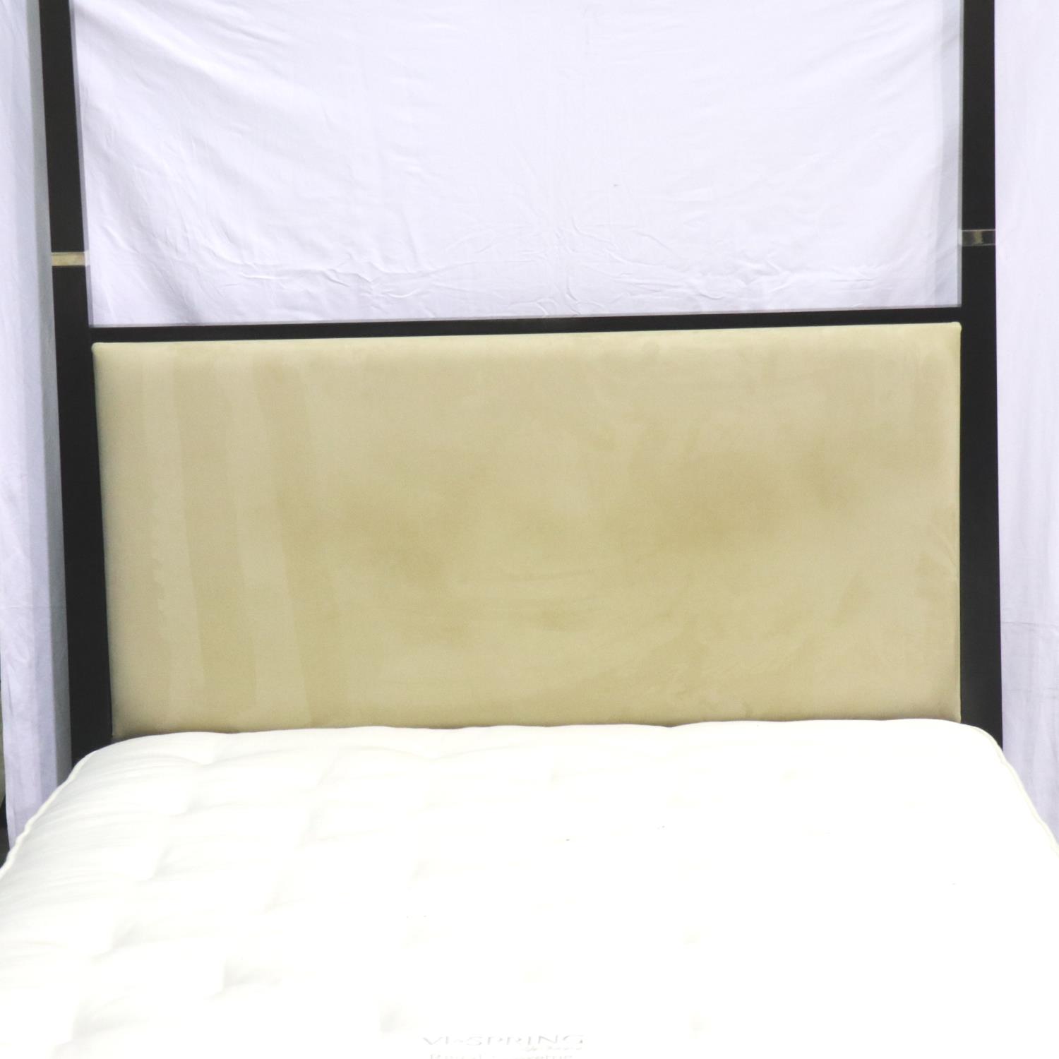 A contemporary king size bed frame with suede effect headboard and vi-spring mattress, light usage